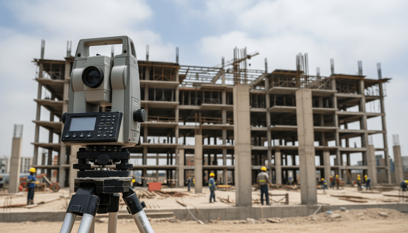 Construction site with surveying equipment and building framework