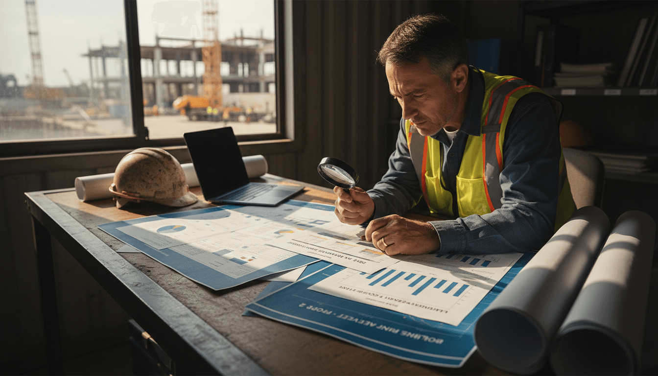 Engineer reviewing building plans and soil laboratory analysis documents at construction site office in Lima