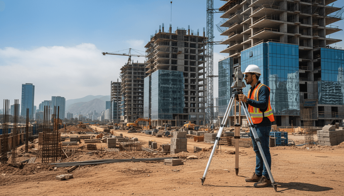 Professional topography technician conducting surveys at a Lima construction site with city skyline in background