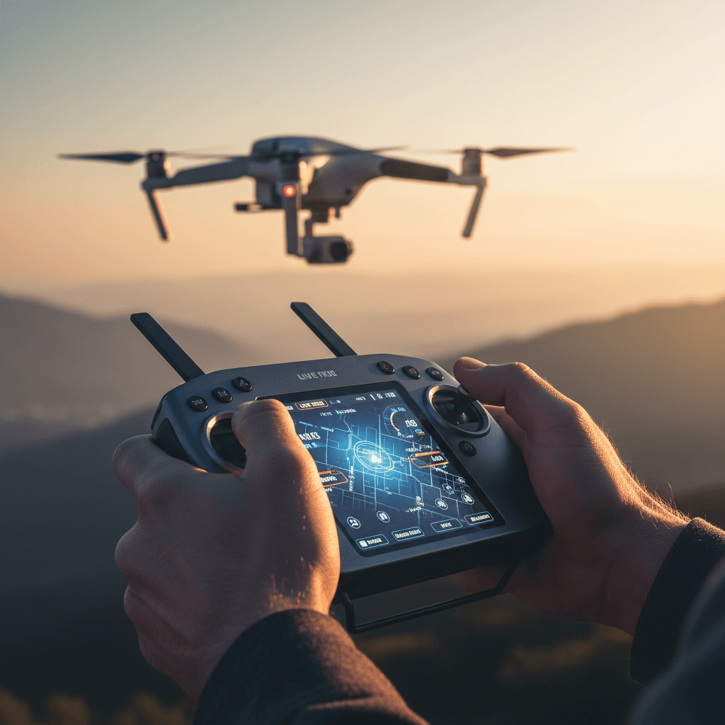 Drone operator's hands controlling advanced aerial camera equipment with LCD screen displaying real-time flight data